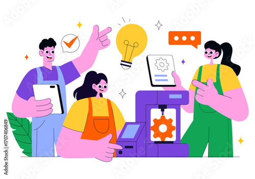 3D Printing Workshop Vector Illustration Featuring an Innovative Fabrication Process with Desktop Modeling Equipment and Computer for Printing