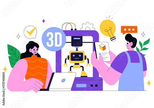 3D Printing Workshop Vector Illustration Featuring an Innovative Fabrication Process with Desktop Modeling Equipment and Computer for Printing