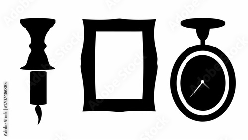 Illustration of a candlestick holder, a rectangular frame, and a pocket watch in black silhouette style