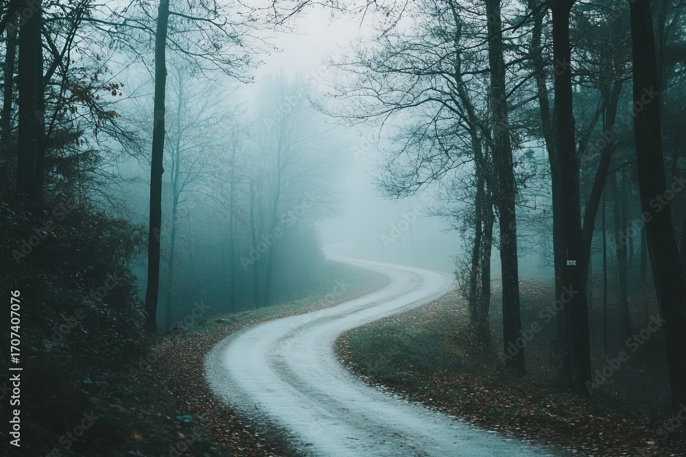 Obraz premium A winding, misty path through a serene, autumnal forest