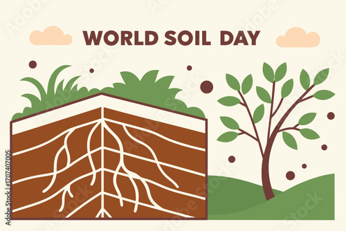 World Soil Day. Layered soil cross-section with roots, plants, and growing greenery. Flat vector illustration.

