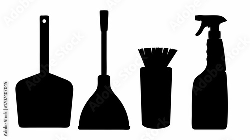 Silhouette illustration of cleaning supplies including a mop brush and spray bottle in black and white