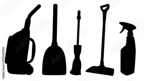 Silhouette illustration of cleaning supplies including vacuum mop duster broom and spray bottle in black