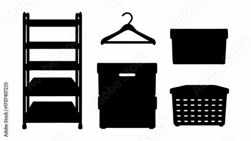 Silhouette of a shelf unit, hanger, square boxes, and a laundry basket against a white background space