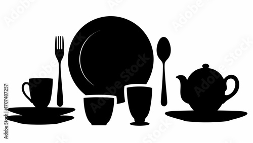 Silhouette illustration of a place setting with plate cup fork spoon teapot and glasses arranged neatly