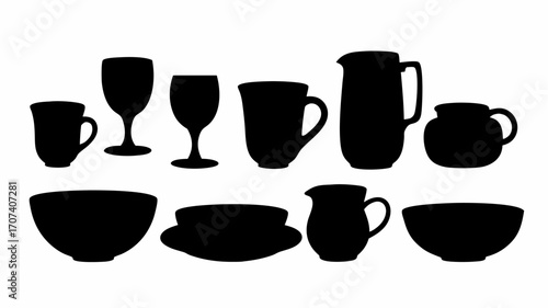 Silhouette illustration of various drinkware including mugs glasses pitchers and bowls arranged together