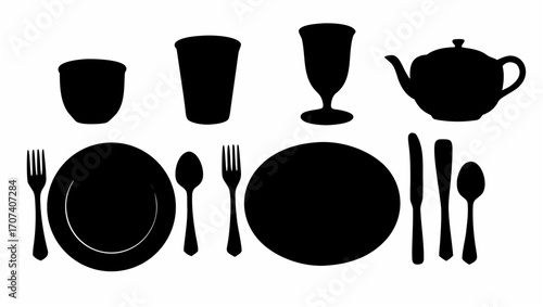 Silhouette illustration of a table setting with plates glassware and cutlery including teapot and utensils