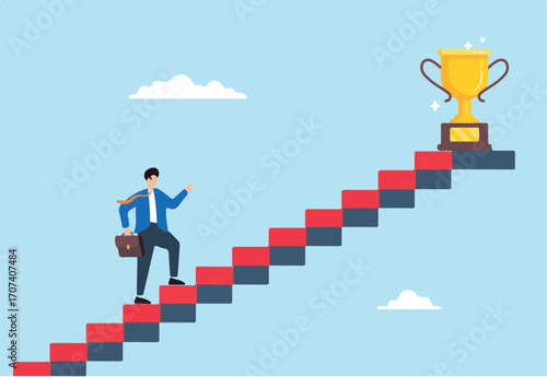 Flat illustration businessman walk up small step to reach trophy symbolizing persistence and success