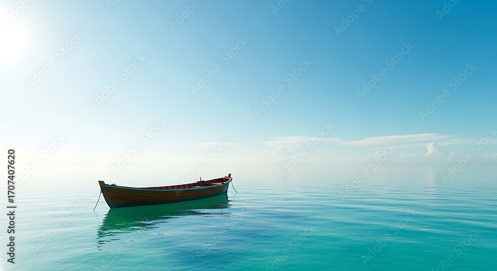 Obraz premium Lonely boat floating on the calm turquoise ocean under a bright blue sky.