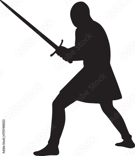 Silhouette of a sword fighter in dynamic pose, perfect for medieval, combat, and fantasy designs.