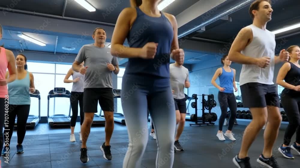 Groupe de personnes faisant de l'aérobic en salle de sport.