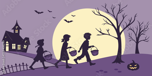 Trick-or-treating night illustration. Children walking with candy buckets, lanterns, and shadows under the full moon. Spooky yet playful Halloween evening scene.