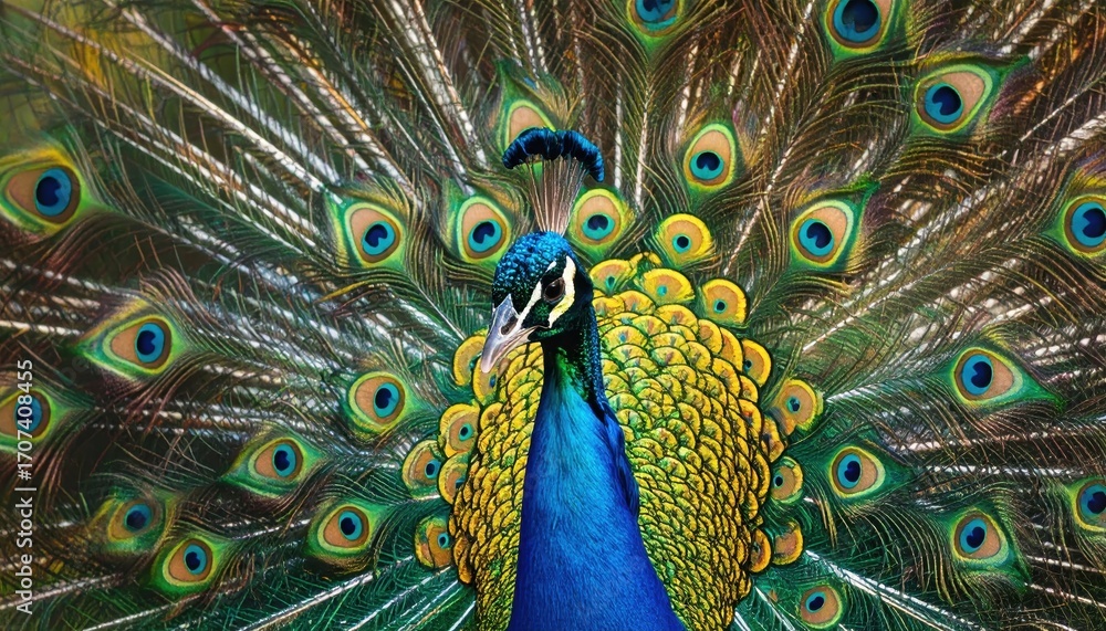 Obraz premium A magnificent peacock displays its vibrant plumage, showcasing a stunning array of blues, greens, and golds.