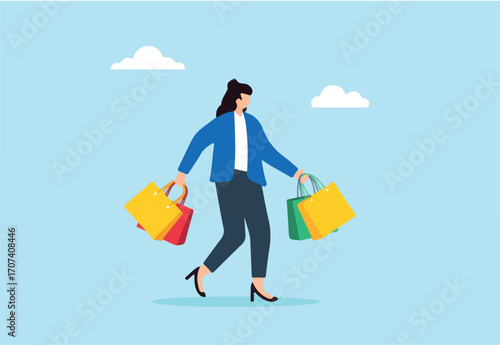 Flat illustration happy woman shopper walk with shopping bag symbolizing customer journey
