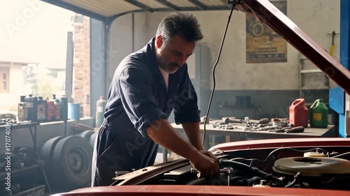 Mécanicien professionnel réparant un moteur de voiture dans son garage.