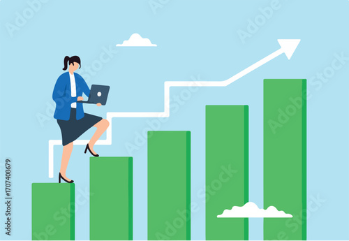 Flat illustration businesswoman walk up growing bar chart column while working on laptop symbolizing career growth