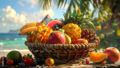 Fototapeta Naklejka Na Ścianę i Meble -  A vibrant assortment of tropical fruits in a woven basket, bathed in sunlight, sits on a wooden surface near a tranquil ocean backdrop.