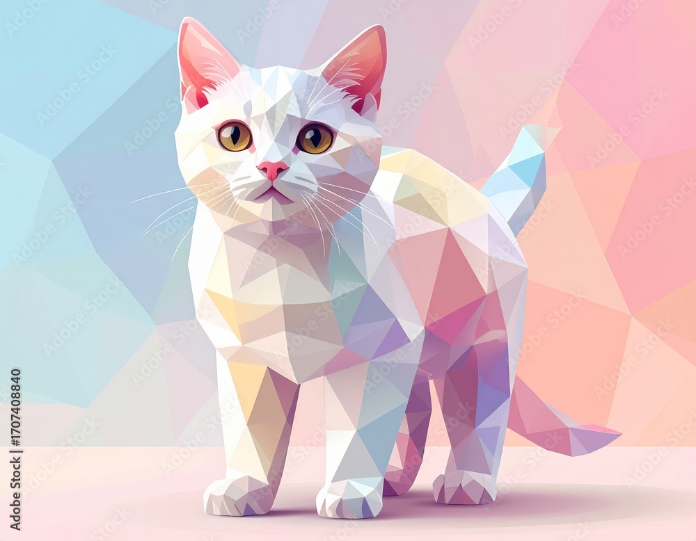 Fototapeta premium An adorable white cat created in a modern low poly geometric style. This cute and stylized 3D pet has a soft pastel color palette, perfect for modern designs.