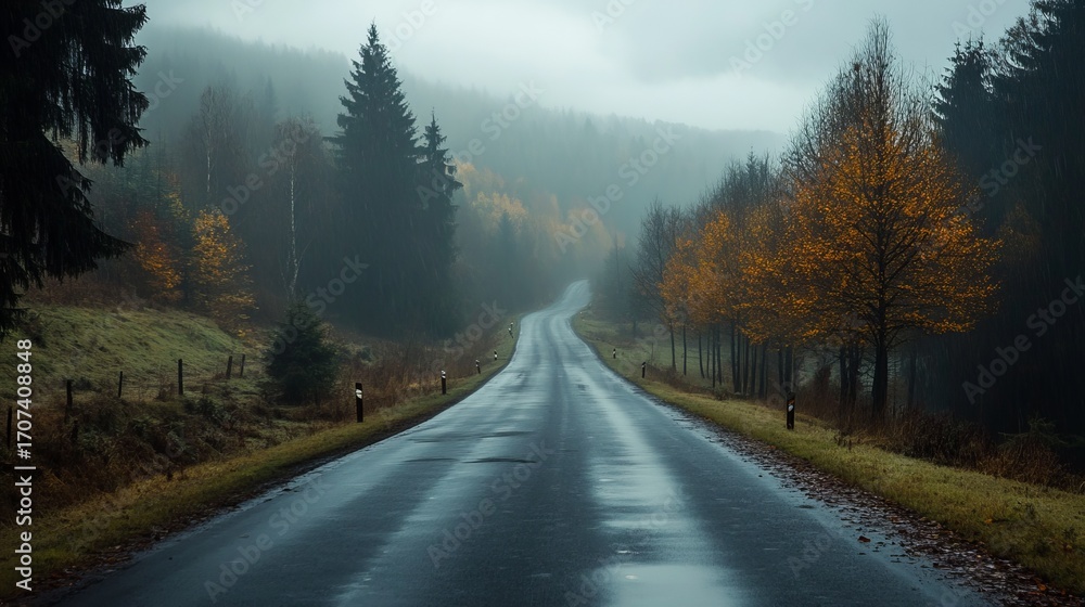 Naklejka premium A rain-slicked road winds through a misty autumn forest. A pathway stretches into a hazy landscape. Golden trees line the sides of the road. A tranquil scene