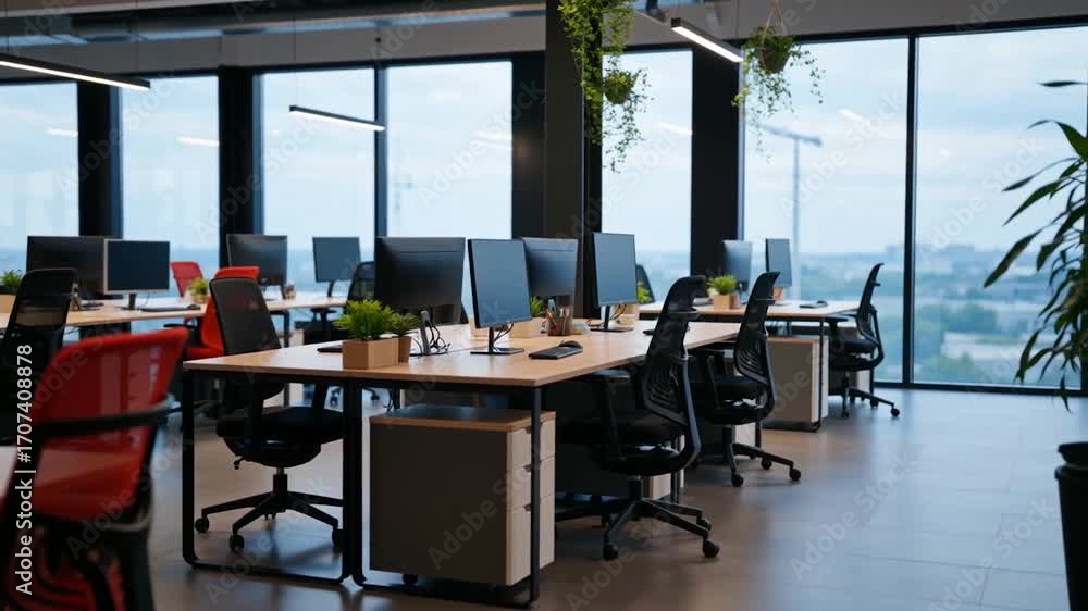 Bureau d'entreprise moderne et vide avec plantes.