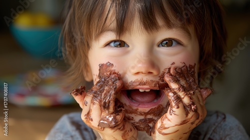 Young child is covered in chocolate and is smiling
