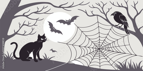 Spooky Halloween animals illustration. Black cats, bats, owls, spiders, and crows in a haunted Halloween setting. Fun and eerie vector art for Halloween concept.