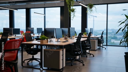 Bureau d'entreprise moderne et vide avec plantes.