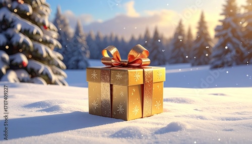 Golden Gift Box with Orange Bow on Snowy Field Surrounded by Evergreen Trees During Winter Wonderland Scene