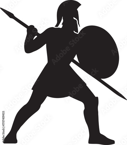 Silhouette of a Spartan warrior with helmet and spear, fierce historical design, perfect for battle themes.