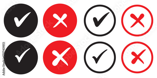 Set of green and red check box with yes and no sign. Modern label icons check mark and cross on transparent background.