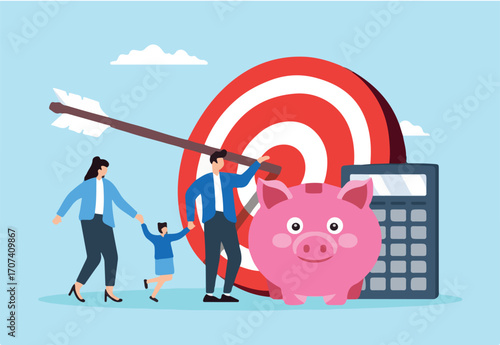 Flat illustration of family with piggy bank bullseye and calculator plan financial future