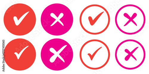 Set of green and red check box with yes and no sign. Modern label icons check mark and cross on transparent background.