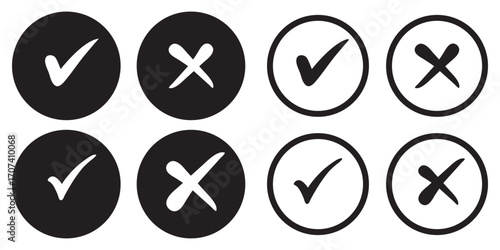 Set of green and red check box with yes and no sign. Modern label icons check mark and cross on transparent background.