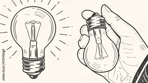 Illustration of a light bulb emitting light rays and a hand holding a light bulb in a simple style