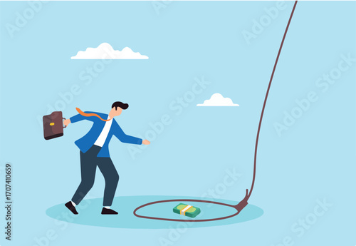 Flat illustration of greedy businessman step toward tricky rope trap bait with bundle of banknote