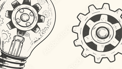 Illustration of a lightbulb filled with gears and a single gear to the right side of the image