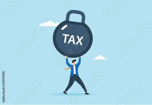 Flat illustration of businessman carry heavy weight label TAX symbolizing financial burden and debt