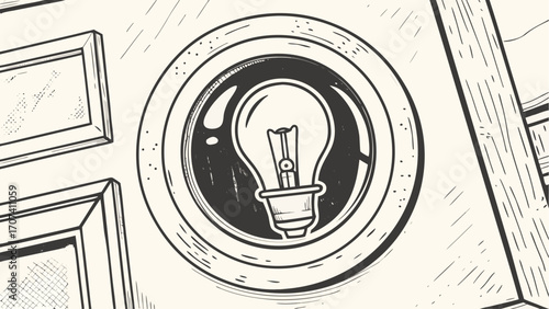 Illustration of a lightbulb inside a circular frame with decorative borders and adjacent framed art pieces