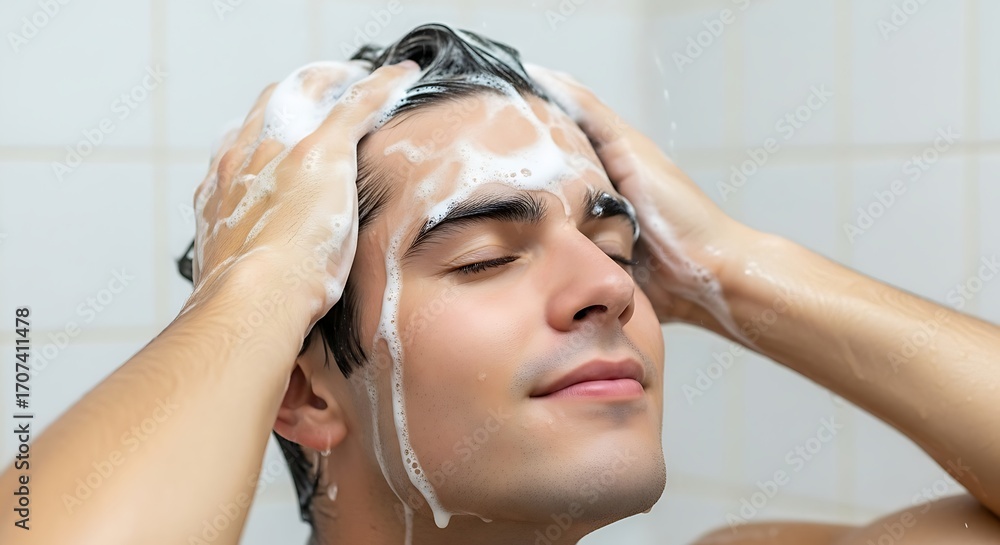Naklejka premium Man Washing Hair With Shampoo In Shower.