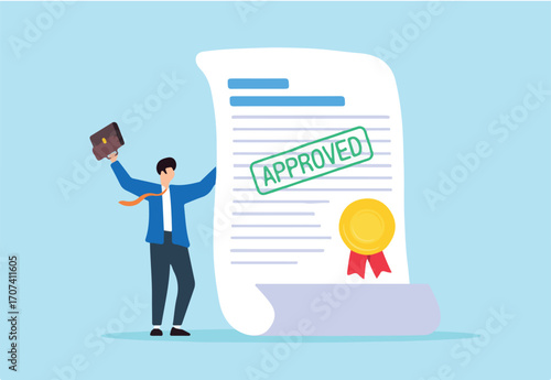 Flat illustration of happy businessman hold approved document stamped with certification seal