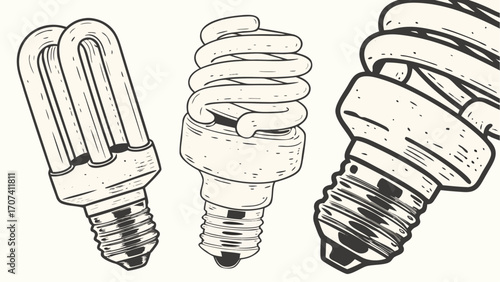 Illustration of three different types of energy efficient light bulbs in a line drawing style format