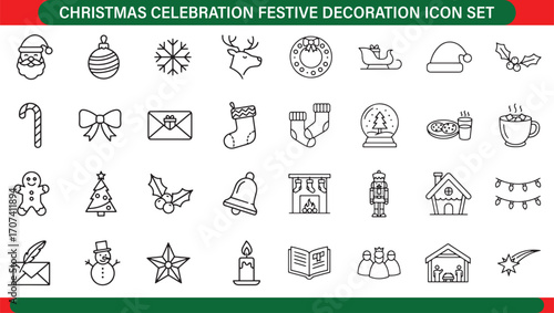 Christmas Holiday Celebration Festive Decoration Icon Set