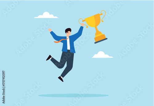 Flat illustration of happy businessman jump high holding winning trophy to celebrate business success