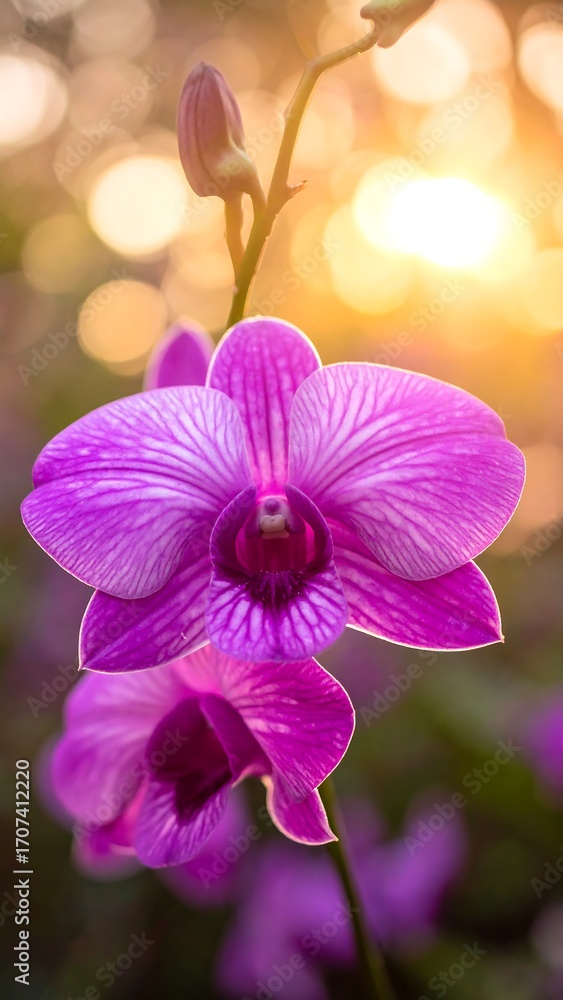 Naklejka premium Vibrant orchid blossoms in golden light