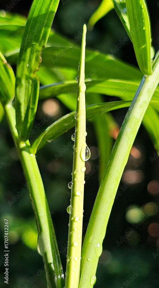 Obraz premium Fresh Dewdrops on a Green Leaf ​Morning Dew on a Vibrant Leaf ​Water Droplets on a Plant ​Nature's Refreshment ​Macro Shot of a Leaf After Rain Mansoon 