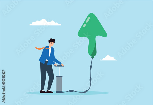 Flat illustration of businessman inflates air pump into floating green arrow up balloon raising business income wages growth improvement increase price