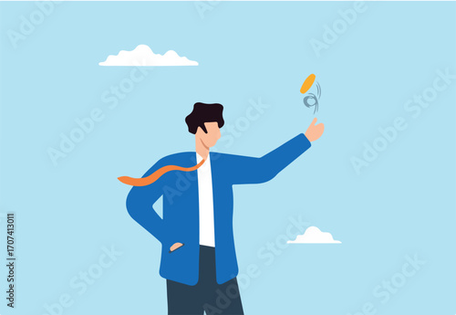 Flat illustration of businessman flip money dollar coin luck risk decision financial planning thinking savings wealth investment strategy