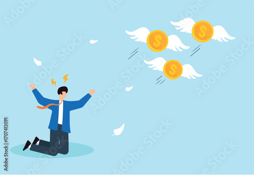 Flat illustration of businessman reaching for flying coins with wings symbolizing financial loss missed opportunity poor investment and bankruptcy risk