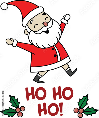 Cartoon Santa Claus with Ho text and holly Christmas