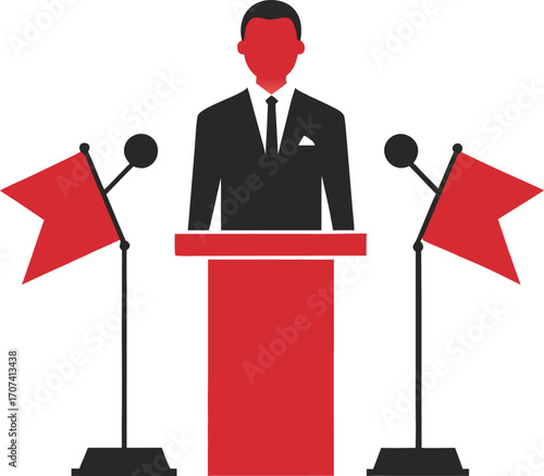 Man in Suit at Podium with Red Flags speech presentation